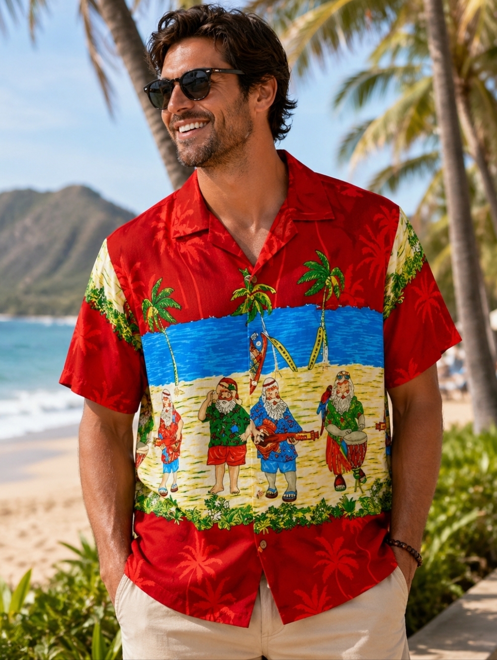 Mens 2XL Santa Hawaiian Shirt Red Tropical Beach Christmas Novelty Button Up